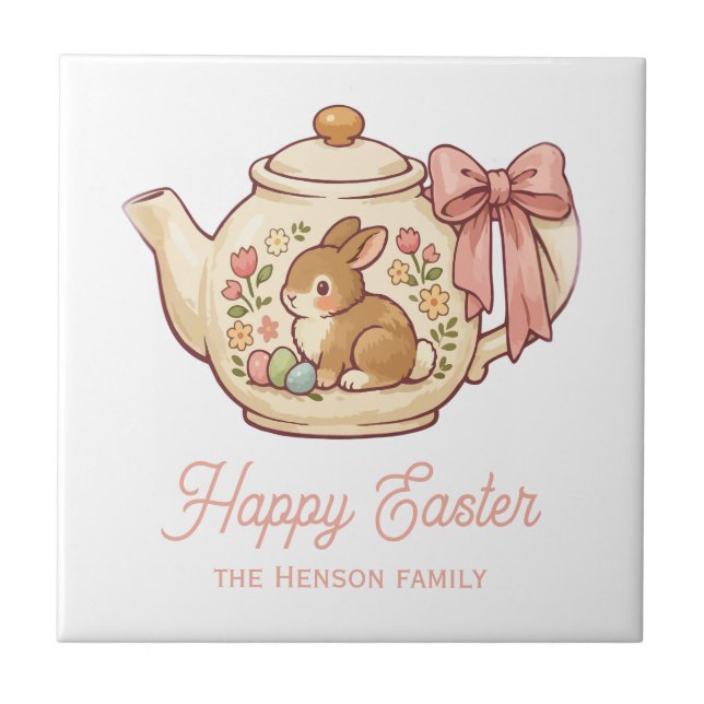 Personalized Easter Bunny Teapot Floral  Fliese (Vorderseite)