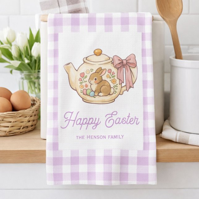 Personalized Easter Bunny Teapot Gingham Family Geschirrtuch (Von Creator hochgeladen)