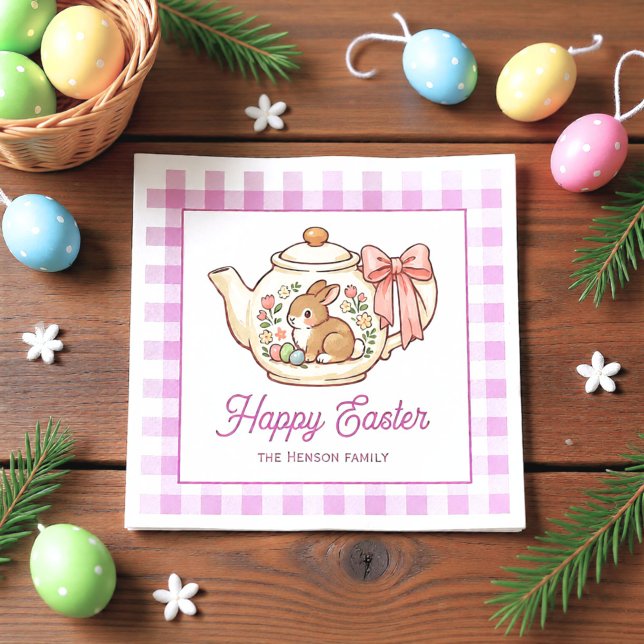 Personalized Easter Bunny Teapot Gingham Family Serviette (Von Creator hochgeladen)