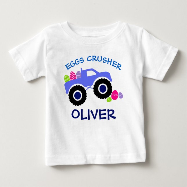 Personalized “Eggs Crusher” Monster Truck Easter Baby T-shirt (Vorderseite)