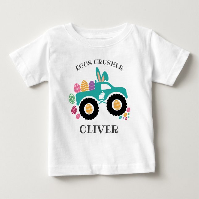Personalized “Eggs Crusher” Monster Truck Easter Baby T-shirt (Vorderseite)
