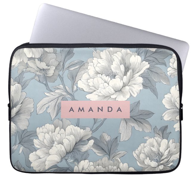Personalized Elegant Blue and Cream Peony Floral  Laptopschutzhülle (Vorderseite)