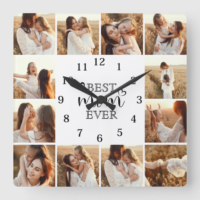 Personalized Elegant Cute Family 12 Photo Collage Quadratische Wanduhr (Vorderseite)