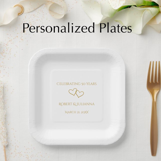 Personalized Elegant Modern 50th Anniversary Party Pappteller (Add the couples name and wedding anniversary date for an elegant golden party plate.
)
