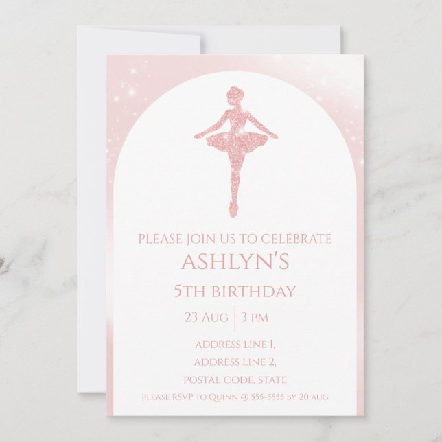 Personalized Elegant Pink Glitter Ballet Birthday Einladung (Vorderseite)