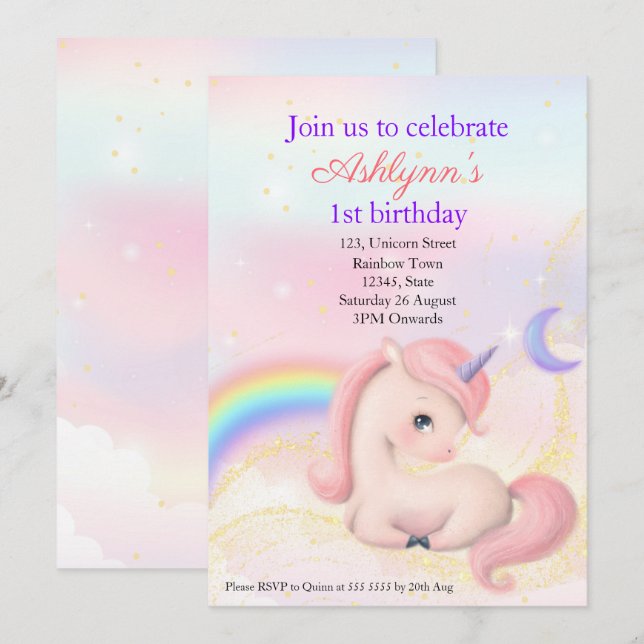 Personalized Elegant Pink Watercolour Unicorn Einladung (Vorne/Hinten)