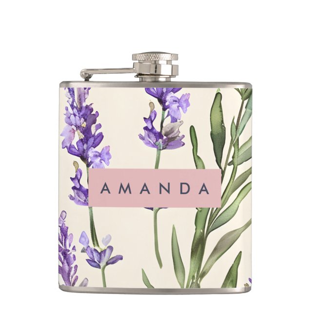 Personalized Elegant Watercolor Lavender  Flachmann (Vorderseite)