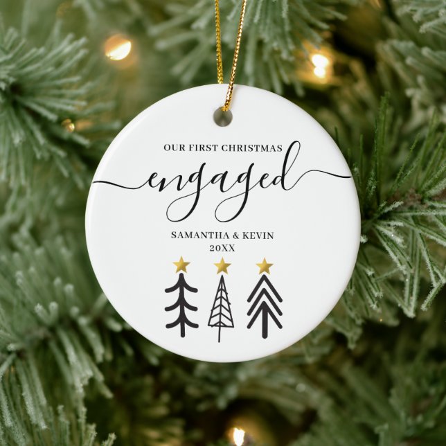 Personalized Engaged Couple Names Trees Keramik Ornament (Baum)