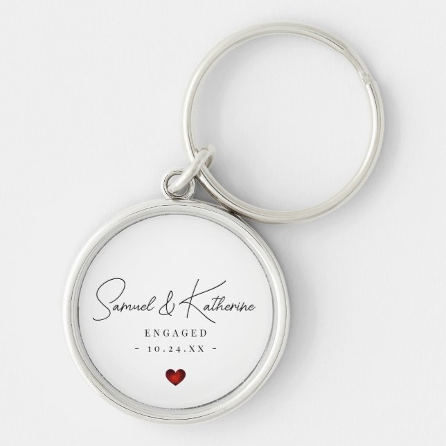 Personalized Engagement Date White Heart Script Schlüsselanhänger (Vorne)
