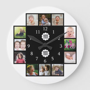 Personalized Family 12 Photo Collage 2 Logo Black  Große Wanduhr