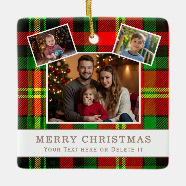 Personalized Family 3 Photo Green Plaid Christmas  Keramikornament (Vorderseite)