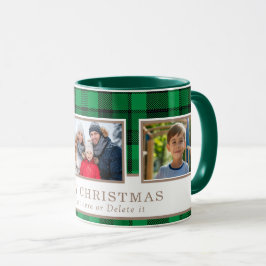 Personalized Family 3 Photo Green Plaid Christmas Tasse