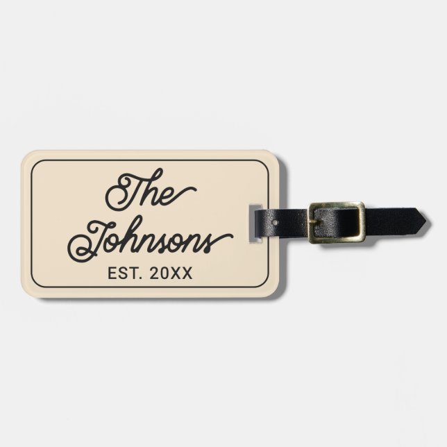 Personalized Family Name in Elegant Script Beige Gepäckanhänger (Vorderseite horizontal)