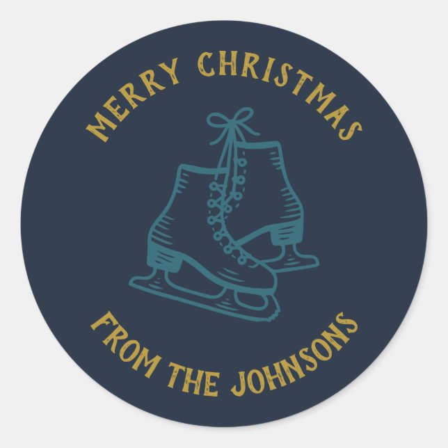 Personalized Family Name Merry Christmas Skates Runder Aufkleber (Vorderseite)