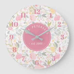 Personalized Family Name Pastel Colorful Floral Große Wanduhr