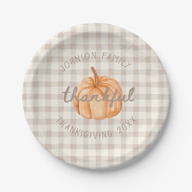 Personalized Family Name Thankful Neutral Gingham  Pappteller (Vorderseite)