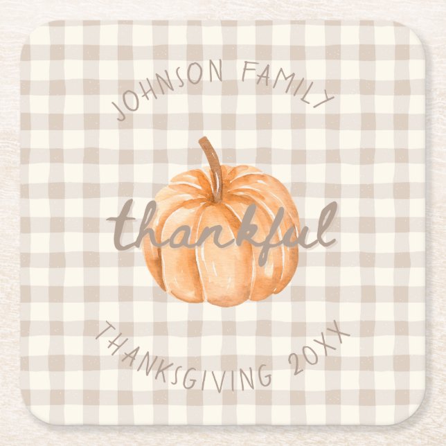 Personalized Family Name Thankful Neutral Gingham  Rechteckiger Pappuntersetzer (Vorderseite)