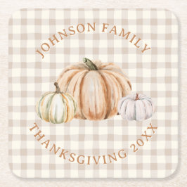 Personalized Family Name Thankful Neutral Gingham Rechteckiger Pappuntersetzer