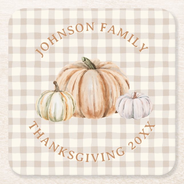 Personalized Family Name Thankful Neutral Gingham Rechteckiger Pappuntersetzer (Vorderseite)