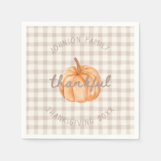 Personalized Family Name Thankful Neutral Gingham  Serviette (Vorderseite)