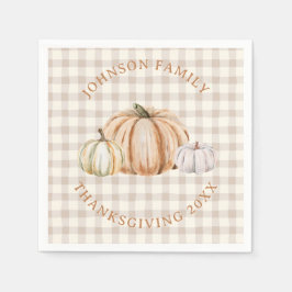Personalized Family Name Thankful Neutral Gingham Serviette