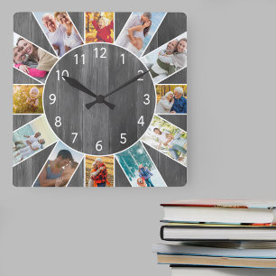 Personalized Family Photo Collage Grey Wood Quadratische Wanduhr