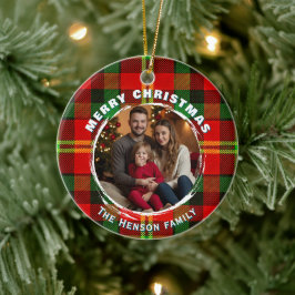 Personalized Family Photo Plaid Pattern Christmas Keramik Ornament