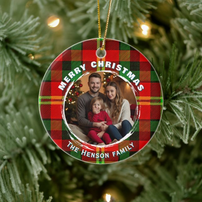 Personalized Family Photo Plaid Pattern Christmas  Keramik Ornament (Baum)