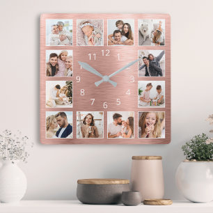 Personalized Family Photo Rose Gold Elegant Quadratische Wanduhr