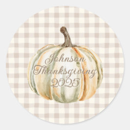 Personalized Family Thanksgiving Neutral Gingham  Runder Aufkleber
