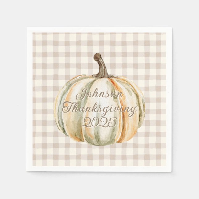 Personalized Family Thanksgiving Neutral Gingham  Serviette (Vorderseite)