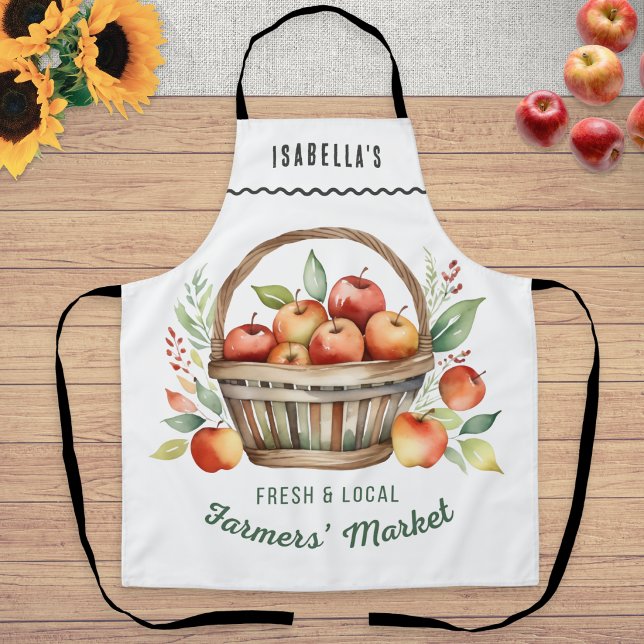 Personalized Farmers Market Rustic Apples Kitchen Schürze (A Farmers' Market themed apron with basket of apples illustration and personalized name)