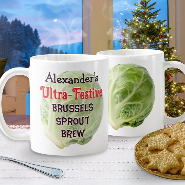 Personalized Festive Brussels Sprout Brew Funny Kaffeetasse (A funny and festive personalized Christmas mug, with brussels sprout pictures and humorous caption)