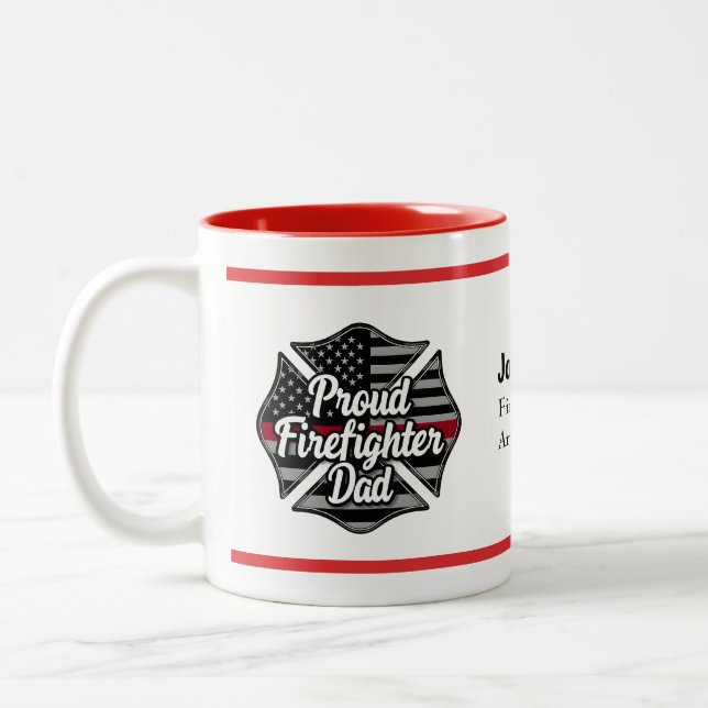 Personalized Firefighter Dad Name Thin Red Line  Zweifarbige Tasse (Links)