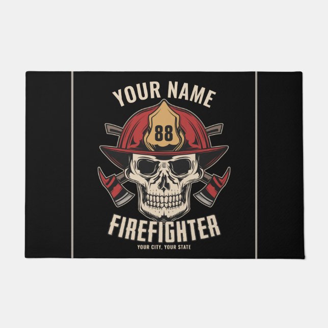 Personalized Firefighter Skull Fireman Fire Dept Fußmatte (Vorderseite)