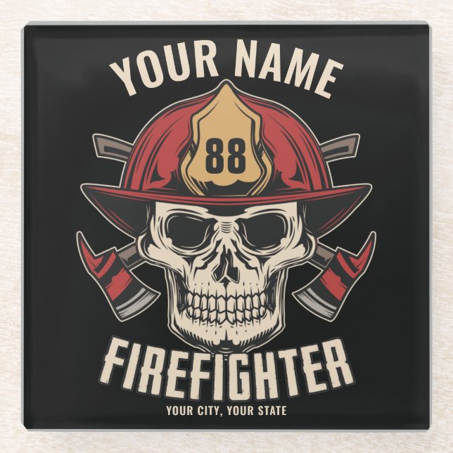 Personalized Firefighter Skull Fireman Fire Dept Glasuntersetzer (Vorderseite)