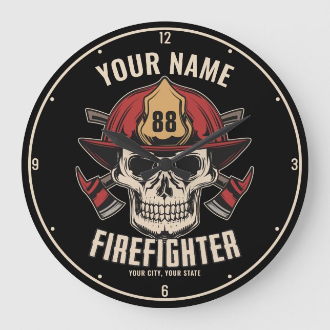 Personalized Firefighter Skull Fireman Fire Dept Große Wanduhr (Vorderseite)