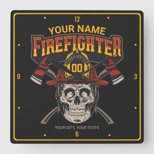 Personalized Fireman Skull Helmet Achse Firefighte Quadratische Wanduhr (Vorderseite)