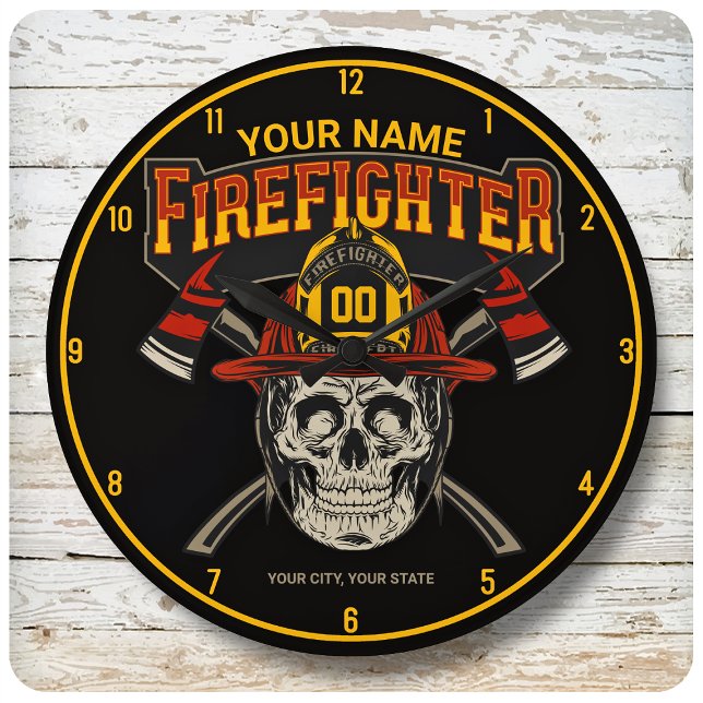 Personalized Fireman Skull Helmet Axe Firefighter Große Wanduhr (Von Creator hochgeladen)