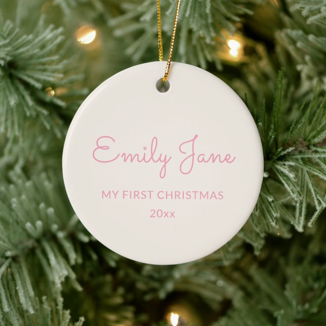 Personalized First Christmas Baby Photo Name Pink Keramik Ornament (Baum)