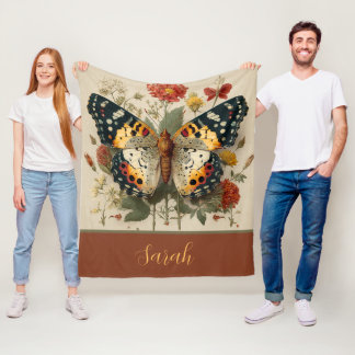 Personalized Fleece Blanket Butterfly Floral Tan