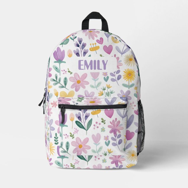 Personalized Floral Backpack for Girls Bedruckter Rucksack (Vorderseite)