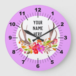 Personalized Floral Deer Antlers Large Clock Große Wanduhr