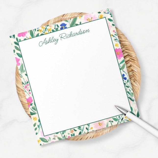 Personalized Floral Garden Notizblock (colorful fun floral garden notepad personalized with custom name monogram in calligraphy script)
