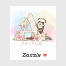Personalized Floral Monogram 'A' with Cute Ferret Aufkleber