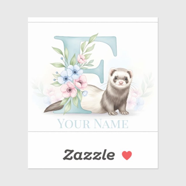 Personalized Floral Monogram 'F' with Cute Ferret  Aufkleber (Blatt)