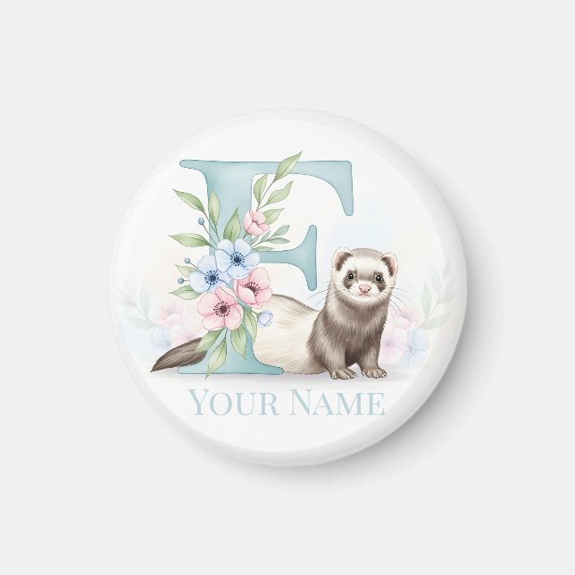 Personalized Floral Monogram 'F' with Cute Ferret  Magnet (Vorne)