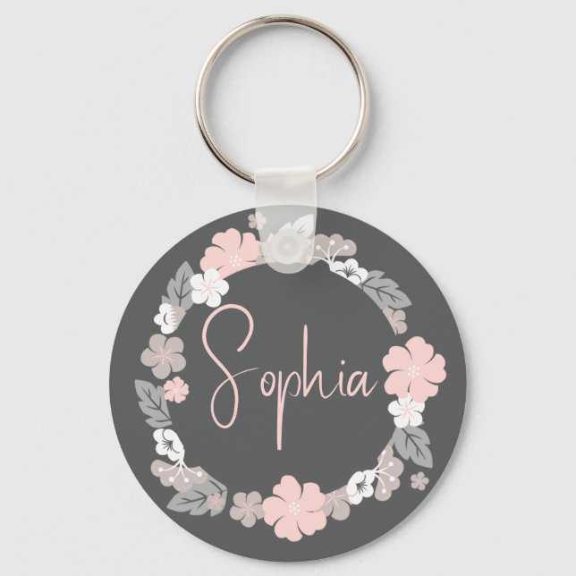 Personalized Floral Name Pink Schlüsselanhänger (Vorderseite)