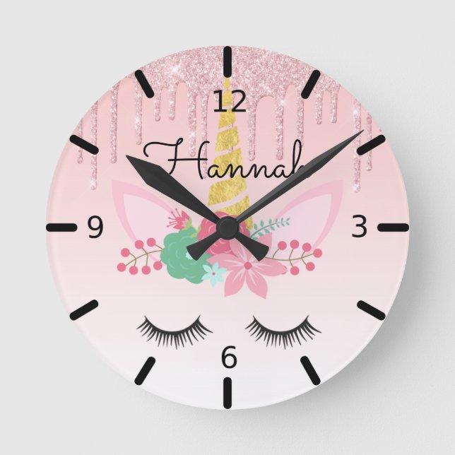 Personalized Floral Sleeping Unicorn Runde Wanduhr (Vorderseite)
