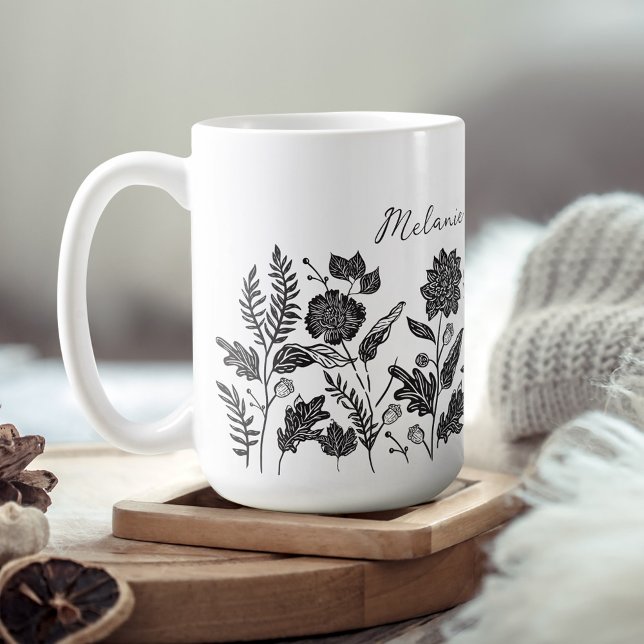 Personalized Foliage Autumn Flowers Black Kaffeetasse (Personalized Foliage Autumn Flowers Black Coffee Mug)